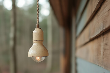 Obraz premium Unique hanging light fixture illuminates rustic cabin porch surrounded by trees in soft evening light