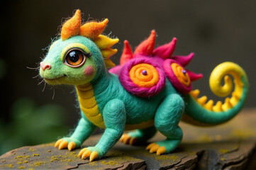 Fototapeta premium Needle felted whimsical creature, with bright colors and fantastical details. creativity hobby and handicrafts, diy, background for design. creativity hobby and handicrafts, diy, background for design