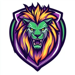 Obraz premium Fierce Green Lion Head with Flaming Mane in Shield