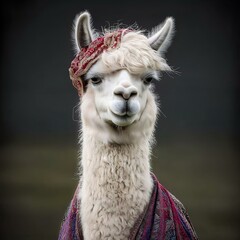 Obraz premium alpaca portrait, white fleece, red bandana, neutral background, playful expression