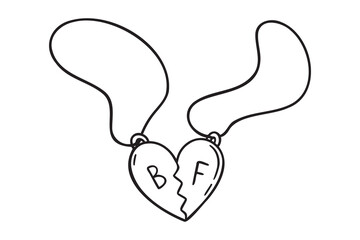 pendant symbol of friendship doodle hand drawn icon. Outline drawing friendship pendant two halves of a heart line clipart symbol