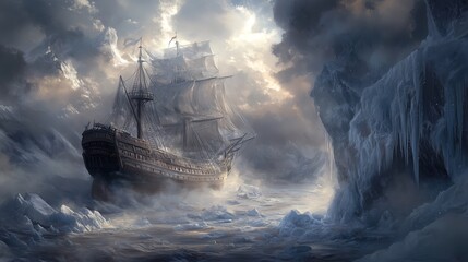 Fototapeta premium Frozen in Time: A solitary sailing ship battles against a treacherous, icy landscape. The vessel, caught in the frozen grip of the Arctic.