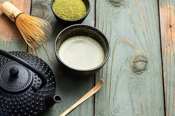 Japanese ceremony . Green powder tea matcha , healthy drink . Top view