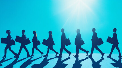 Obraz premium row of businesspeople silhouettes walking in formation carrying briefcases with sunlight shining above 