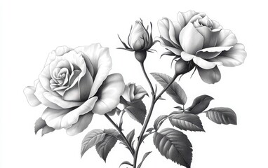 A monochrome vector illustration of roses with bold, open blooms and thick, winding stems, crafted in a vintage wood engraving style using pen and ink, with deep contrasts and textured shading