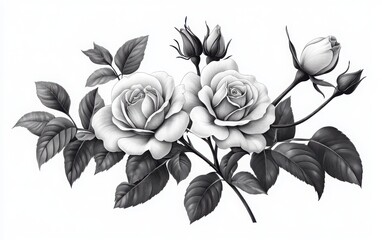 Obraz premium A monochrome vector illustration of roses with bold, open blooms and thick, winding stems, crafted in a vintage wood engraving style using pen and ink, with deep contrasts and textured shading