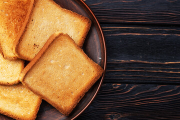 Toast bread in a plate photography . Top view