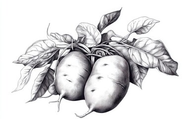 A monochrome vector illustration of sweet potatoes with thick vines and broad, twisting leaves, drawn in a vintage wood engraving style using pen and ink