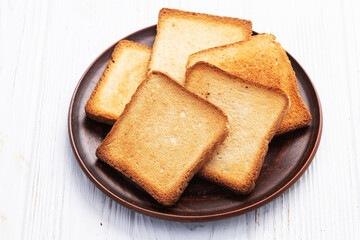 Toast bread in a plate photography . Top view