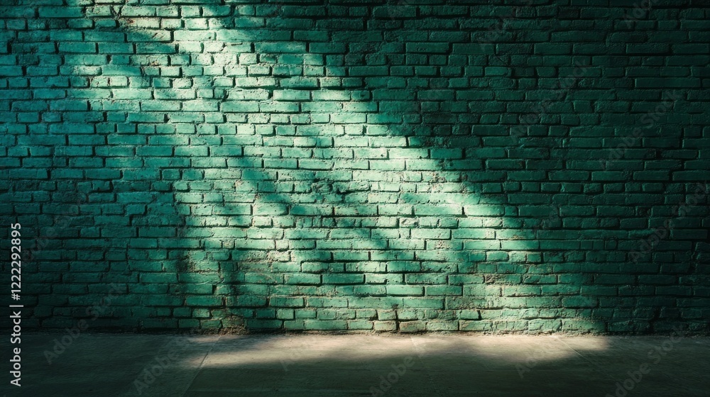 Poster sunlight filters through, illuminating a textured green brick wall while casting intricate shadows o