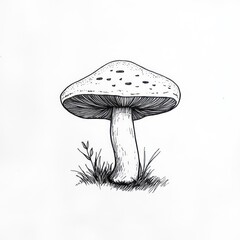 Detailed Ink Drawing Of A Spotted Mushroom In Grass