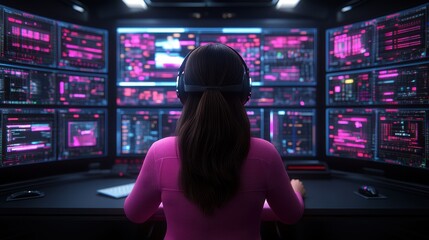 Naklejka premium Woman with headphones at a futuristic console.