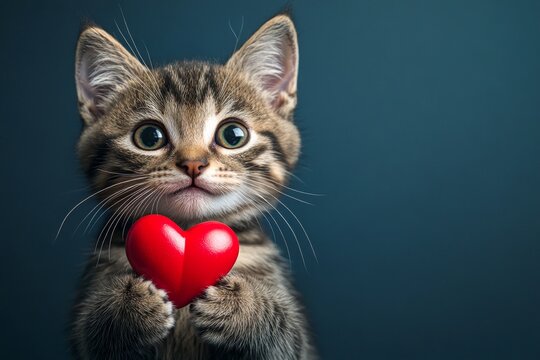 Ad creative. Toyger - my cherished cat. Cute toyger baby feline with critter toy red heart - sign of love, funny greeting card. Valentine's fluffy animal photo. Love and friendship animal.