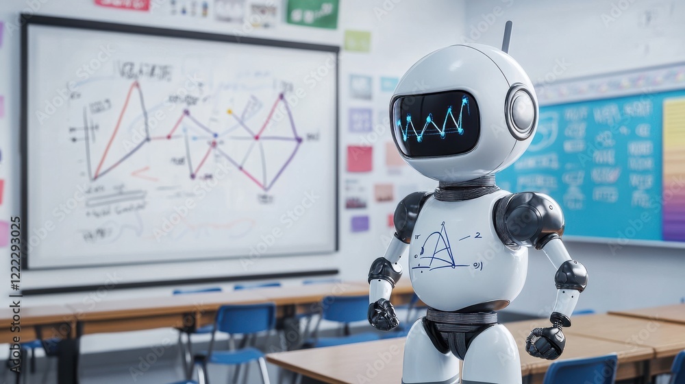 Poster friendly robot teacher in classroom with charts and graphs display