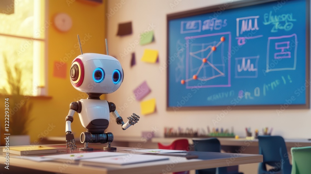 Poster cute robot with colorful classroom background and chalkboard diagrams
