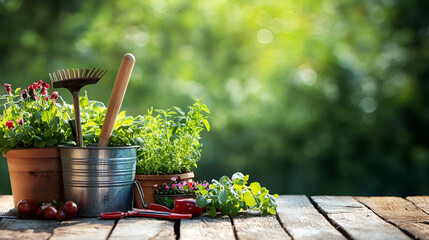  Gardening tools with terracotta pots, fresh herbs, home gardening setup, rustic outdoor scene
