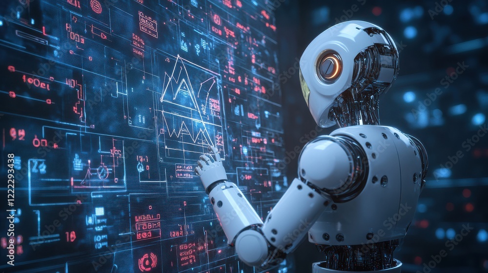 Poster futuristic robot interacting with digital interface and data streams