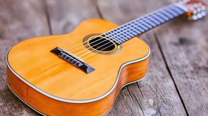 Obraz premium Classical guitar resting on rustic wooden planks. Music, hobby, leisure, background