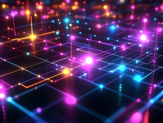 Fototapeta premium 3D Abstract Shapes with Neon Lights Forming a Grid Pattern in Vibrant Pink and Blue Colors, Futuristic Digital Background with a Tech Aesthetic
