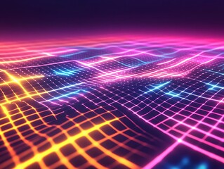 3D Abstract Shapes with Neon Lights Forming a Grid Pattern in Vibrant Pink and Blue Colors, Futuristic Digital Background with a Tech Aesthetic