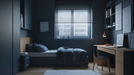 modern dark blue bedroom interior design with wood desk and window light