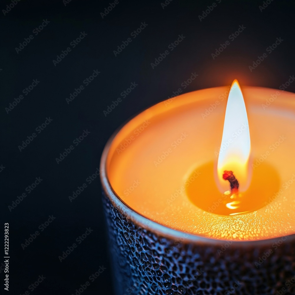 Poster bright flickering flame on a single candle with smooth surface in dark background for serenity and r