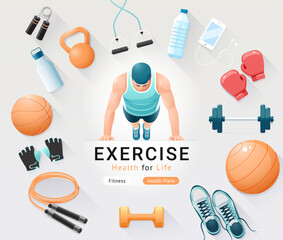 Fitness Exercise Conceptual Banner. Man Wear a tank top exercising, push-ups fitness minimal vector isometric illustration