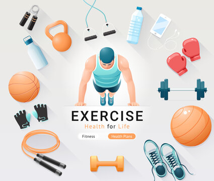 Fitness Exercise Conceptual Banner. Man Wear a tank top exercising, push-ups fitness minimal vector isometric illustration