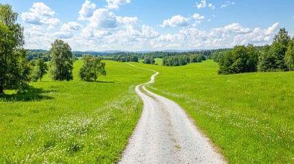 Naklejka premium Winding gravel road through green meadow, sunny day, hills in background, idyllic landscape, perfect for travel brochures