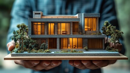 Person holding a small model of a house in their hands with a focus on the architectural details