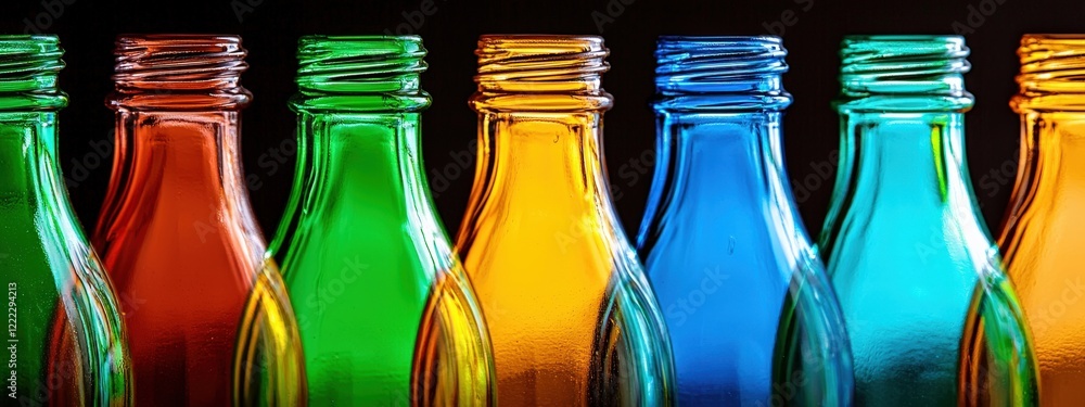 Aufkleber colorful glass bottles in a row capturing light and reflection on a dark background