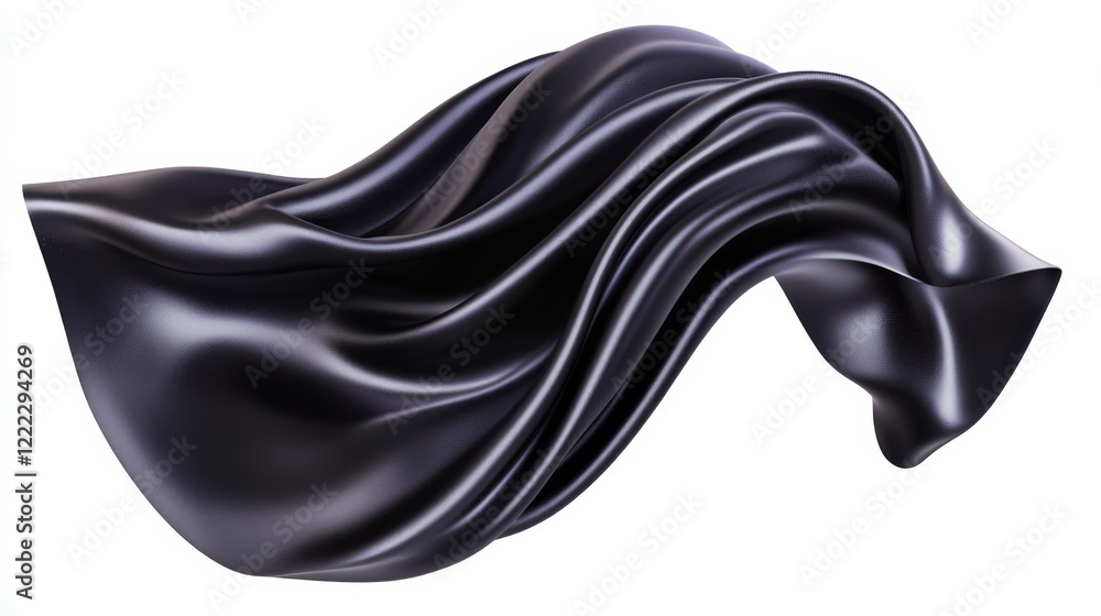 Poster abstract background of black wavy silk or satin. 3d rendering image. image isolated on white backgro