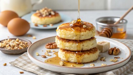 Close up of cottage cheese pancakes drizzled with honey and topped with nuts in a cozy kitchen setting