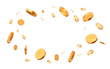 3d flying golden coins of Kazakhstan tenge currency. Rich or casino luck concept. Precious expensive treasure. Stock vector illustration.	
