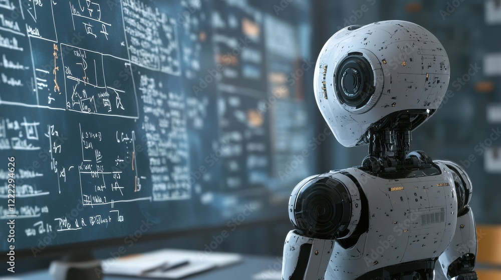 Aufkleber robot analyzing data on chalkboard in modern office environment
