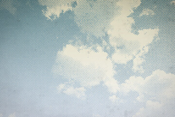Vector halftone pattern retro clouds against blue sky., with soft grunge layer. Weather-related, environmental dotted vintage design.