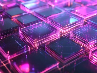 Obraz premium 3D Abstract Shapes with Neon Lights Forming a Grid Pattern in Vibrant Pink and Blue Colors, Futuristic Digital Background with a Tech Aesthetic