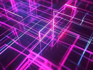 Obraz premium 3D Abstract Shapes with Neon Lights Forming a Grid Pattern in Vibrant Pink and Blue Colors, Futuristic Digital Background with a Tech Aesthetic