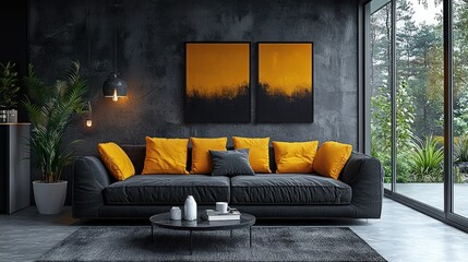 Modern Living Room Interior Design with Dark Walls and Yellow Accents