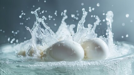 Splashing milk over white eggs in dramatic motion