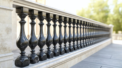 Fototapeta premium Realistic 3D set of classical balustrade handrails isolated on background. Vector illustration of black stone or marble staircase, balcony, patio design elements. Ancient building decoration details