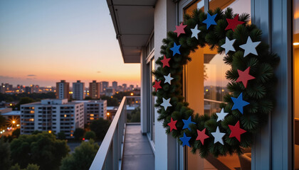 Fototapeta premium Patriotic wreath adorning balcony at dusk, celebrating Independence Day
