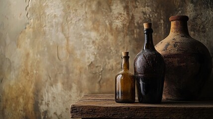 Vintage glass bottles with rustic backdrop