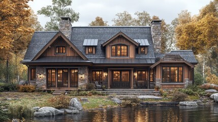 Obraz premium House with a scenic lake view surrounded by trees and greenery in a tranquil landscape setting