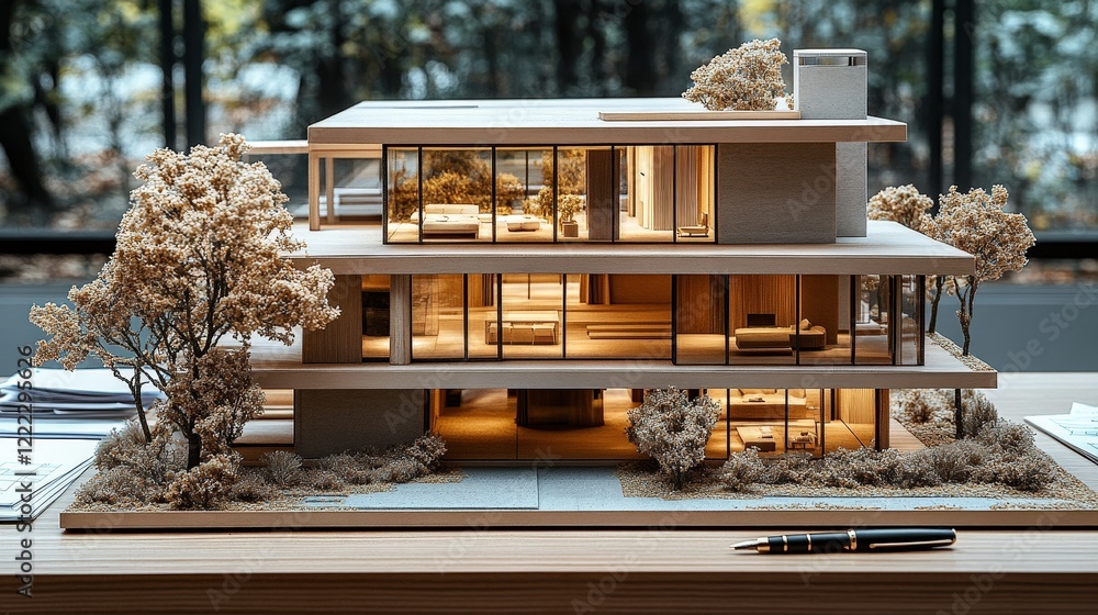 Poster model of a house displayed on a table showcasing architectural design and interior layout