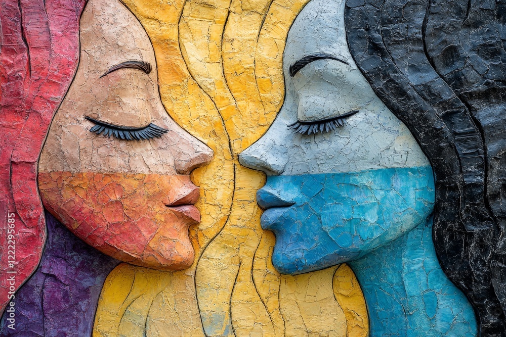 Aufkleber This image displays two colorful abstract faces in a textured style, highlighting the duality of warm and cool colors through intricate layered design elements.