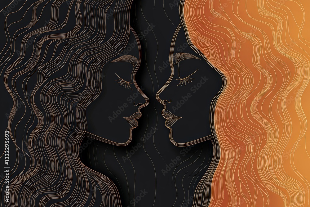 Poster this artwork showcases black and orange face profiles with intricate line details, highlighting a mi
