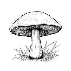 A Detailed Line Drawing Of A Mushroom In Grass