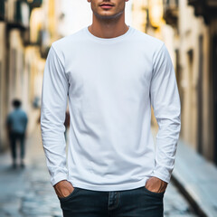Mockup of a man wearing a blank long-sleeved white T-Shirt, isolated on the background of an old city street, Ai generated images