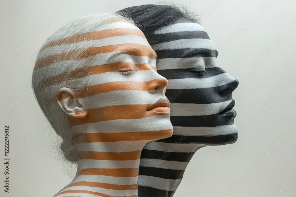 Aufkleber An image of two profiles with contrasting striped patterns in monochrome colors, symbolizing duality and balance in a contemporary art style.